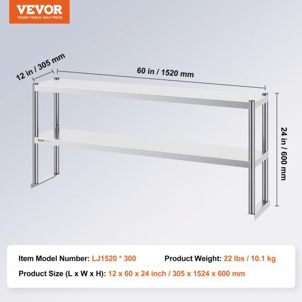 Restaurant Furniture | Double Overshelf, Double Tier Stainless Steel Overshelf, 12 x 60 Inch Double Deck Overshelf, Height Adjustable Overshelf Prep Work Table for Kitchen, Restaurant and Workshop Restaurant & Food Service Restaurant Furniture