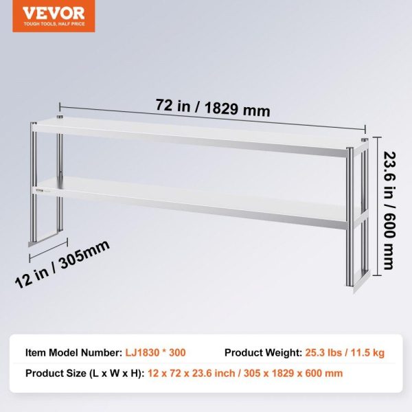 Restaurant Furniture | Double Overshelf, Double Tier Stainless Steel Overshelf, 12 x 72 Inch Double Deck Overshelf, Height Adjustable Overshelf Prep Work Table for Kitchen, Restaurant and Workshop Restaurant & Food Service Restaurant Furniture