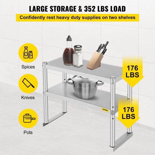 Restaurant Furniture | Double Overshelf, Double Tier Stainless Steel Overshelf, 30 in. L x 12 in. W Double Deck Overshelf, Height Adjustable Overshelf for Prep & Work Table in Kitchen, Restaurant Restaurant & Food Service Restaurant Furniture