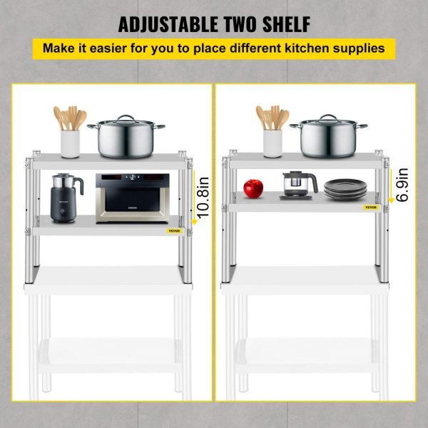 Restaurant Furniture | Double Overshelf, Double Tier Stainless Steel Overshelf, 30 in. L x 12 in. W Double Deck Overshelf, Height Adjustable Overshelf for Prep & Work Table in Kitchen, Restaurant Restaurant & Food Service Restaurant Furniture