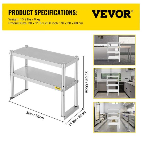 Restaurant Furniture | Double Overshelf, Double Tier Stainless Steel Overshelf, 30 in. L x 12 in. W Double Deck Overshelf, Height Adjustable Overshelf for Prep & Work Table in Kitchen, Restaurant Restaurant & Food Service Restaurant Furniture