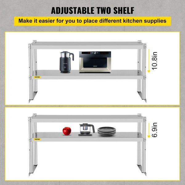 Restaurant Furniture | Double Overshelf, Double Tier Stainless Steel Overshelf, 48 x 12 x 24 in Double Deck Overshelf, Height Adjustable Overshelf for Prep & Work Table in Kitchen, Restaurant Restaurant & Food Service Restaurant Furniture