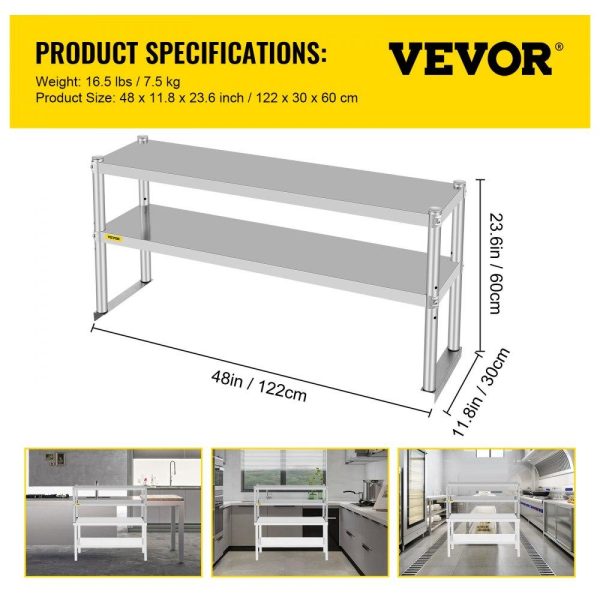 Restaurant Furniture | Double Overshelf, Double Tier Stainless Steel Overshelf, 48 x 12 x 24 in Double Deck Overshelf, Height Adjustable Overshelf for Prep & Work Table in Kitchen, Restaurant Restaurant & Food Service Restaurant Furniture