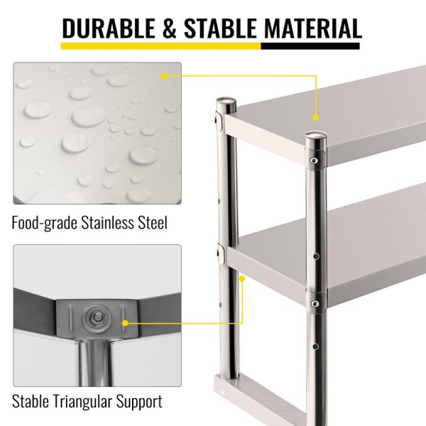 Restaurant Furniture | Double Overshelf, Double Tier Stainless Steel Overshelf, 60 in. Length x 12 in. Width Double Deck Overshelf, Height Adjustable Overshelf for Prep & Work Table in Kitchen, Restaurant and Workshop Restaurant & Food Service Restaurant Furniture