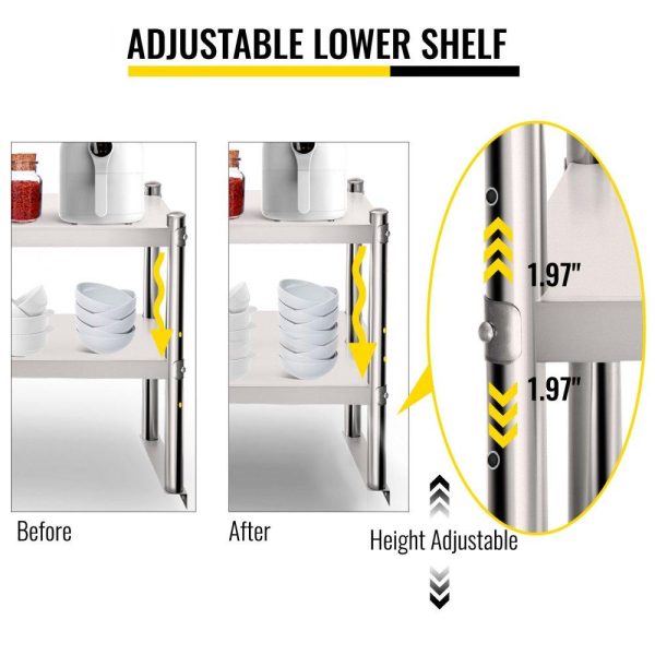 Restaurant Furniture | Double Overshelf, Double Tier Stainless Steel Overshelf, 60 in. Length x 12 in. Width Double Deck Overshelf, Height Adjustable Overshelf for Prep & Work Table in Kitchen, Restaurant and Workshop Restaurant & Food Service Restaurant Furniture