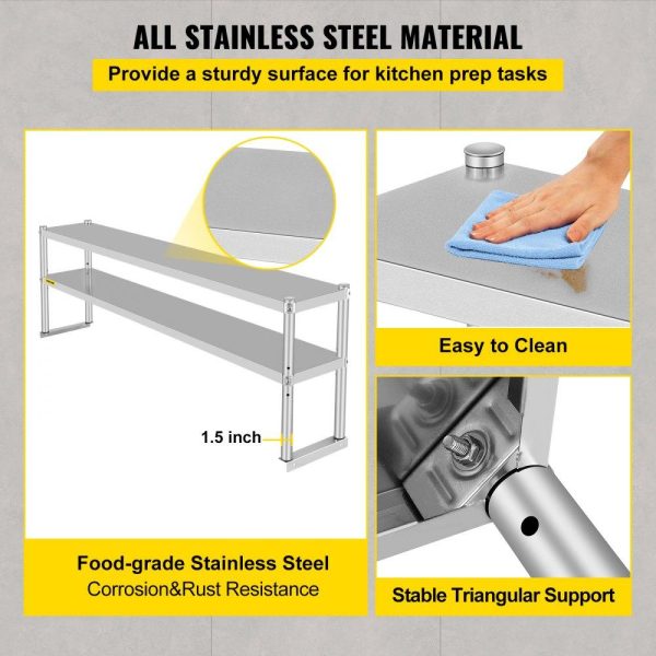 Restaurant Furniture | Double Overshelf, Double Tier Stainless Steel Overshelf, 72 in Length x 12 in Width Double Deck Overshelf, Height Adjustable Overshelf for Prep & Work Table in Kitchen, Restaurant and Workshop Restaurant & Food Service Restaurant Furniture