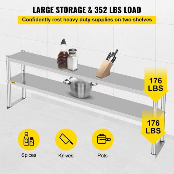 Restaurant Furniture | Double Overshelf, Double Tier Stainless Steel Overshelf, 72 in Length x 12 in Width Double Deck Overshelf, Height Adjustable Overshelf for Prep & Work Table in Kitchen, Restaurant and Workshop Restaurant & Food Service Restaurant Furniture