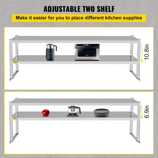 Restaurant Furniture | Double Overshelf, Double Tier Stainless Steel Overshelf, 72 in Length x 12 in Width Double Deck Overshelf, Height Adjustable Overshelf for Prep & Work Table in Kitchen, Restaurant and Workshop Restaurant & Food Service Restaurant Furniture