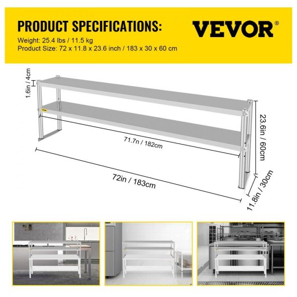 Restaurant Furniture | Double Overshelf, Double Tier Stainless Steel Overshelf, 72 in Length x 12 in Width Double Deck Overshelf, Height Adjustable Overshelf for Prep & Work Table in Kitchen, Restaurant and Workshop Restaurant & Food Service Restaurant Furniture