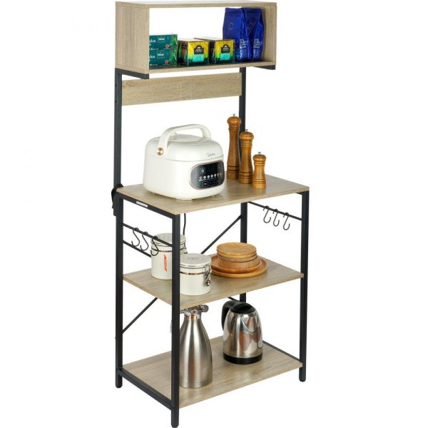 Restaurant Furniture | Kitchen Baker’s Rack, 4-Tier Industrial Microwave Stand with Hutch & 6 S-Shaped Hooks, Multifunctional Coffee Station Organizer with Utility Storage Shelf for Kitchen, Living Room, Oak Restaurant & Food Service Restaurant Furniture