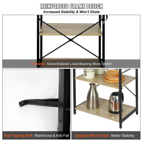 Restaurant Furniture | Kitchen Baker’s Rack, 4-Tier Industrial Microwave Stand with Hutch & 6 S-Shaped Hooks, Multifunctional Coffee Station Organizer with Utility Storage Shelf for Kitchen, Living Room, Oak Restaurant & Food Service Restaurant Furniture