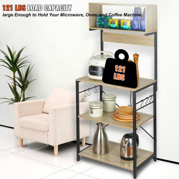 Restaurant Furniture | Kitchen Baker’s Rack, 4-Tier Industrial Microwave Stand with Hutch & 6 S-Shaped Hooks, Multifunctional Coffee Station Organizer with Utility Storage Shelf for Kitchen, Living Room, Oak Restaurant & Food Service Restaurant Furniture