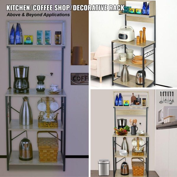 Restaurant Furniture | Kitchen Baker’s Rack, 4-Tier Industrial Microwave Stand with Hutch & 6 S-Shaped Hooks, Multifunctional Coffee Station Organizer with Utility Storage Shelf for Kitchen, Living Room, Oak Restaurant & Food Service Restaurant Furniture