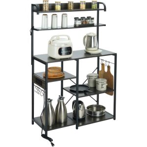 Restaurant Furniture | Kitchen Baker’s Rack with Power Outlets, 7-Tier Industrial Microwave Stand with Hutch & 8 S-Shaped Hooks, Multifunctional Coffee Station Organizer, Utility Kitchen Storage Shelf, Dark Gray Restaurant & Food Service Restaurant Furniture