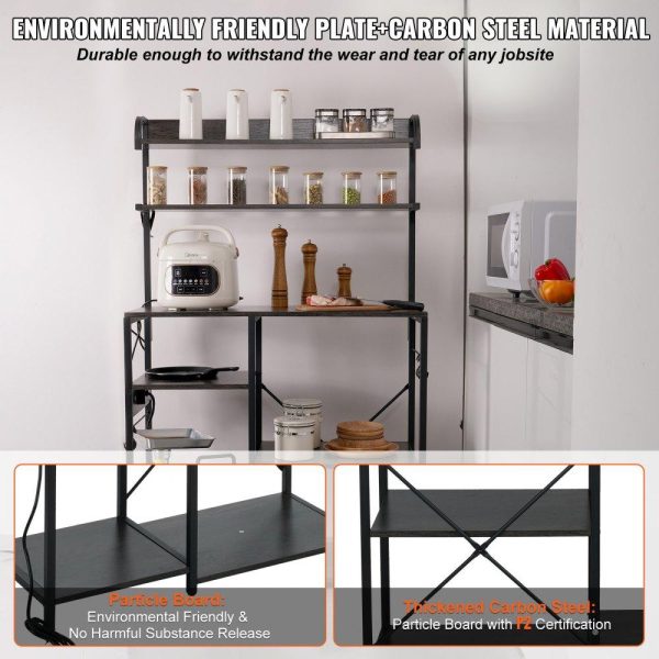 Restaurant Furniture | Kitchen Baker’s Rack with Power Outlets, 7-Tier Industrial Microwave Stand with Hutch & 8 S-Shaped Hooks, Multifunctional Coffee Station Organizer, Utility Kitchen Storage Shelf, Dark Gray Restaurant & Food Service Restaurant Furniture