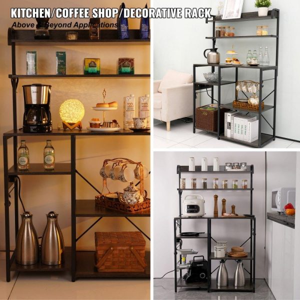 Restaurant Furniture | Kitchen Baker’s Rack with Power Outlets, 7-Tier Industrial Microwave Stand with Hutch & 8 S-Shaped Hooks, Multifunctional Coffee Station Organizer, Utility Kitchen Storage Shelf, Dark Gray Restaurant & Food Service Restaurant Furniture