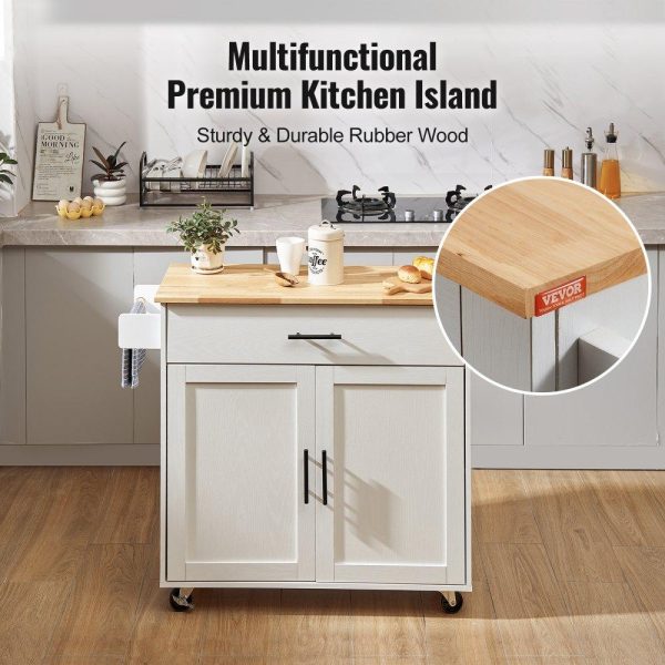 Restaurant Furniture | Kitchen Island Cart with Solid Wood Top, 35.4″ Width Mobile Carts with Storage Cabinet, Rolling Kitchen Table with Spice Rack, Towel Rack, Drop Leaf and Drawer, Portable Islands on Wheels, White Restaurant & Food Service Restaurant Furniture