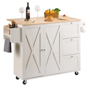 Restaurant Furniture | Kitchen Island Cart with Solid Wood Top, 45.3″ Width Mobile Carts with Storage Cabinet, Rolling Kitchen Table with Spice Rack, Towel Rack, Drop Leaf and Drawer, Portable Islands on Wheels, White Restaurant & Food Service Restaurant Furniture