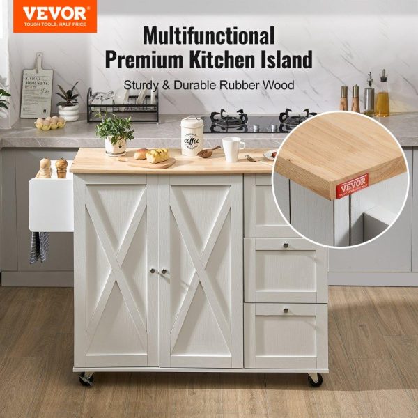 Restaurant Furniture | Kitchen Island Cart with Solid Wood Top, 45.3″ Width Mobile Carts with Storage Cabinet, Rolling Kitchen Table with Spice Rack, Towel Rack, Drop Leaf and Drawer, Portable Islands on Wheels, White Restaurant & Food Service Restaurant Furniture