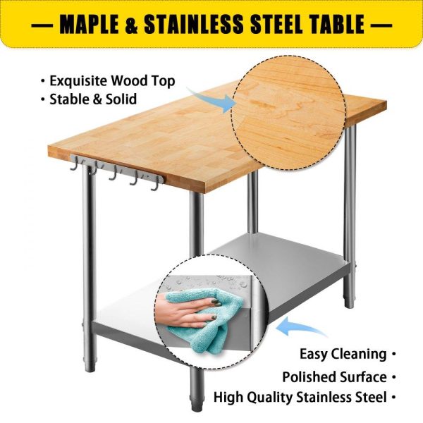 Restaurant Furniture | Maple Top Work Table, Stainless Steel Kitchen Prep Table Wood, 36 x 30 Inches Metal Kitchen Table with Lower Shelf and Feet Stainless Steel Table for Prep & Work Outdoor Prep Table for Kitchen Restaurant & Food Service Restaurant Furniture