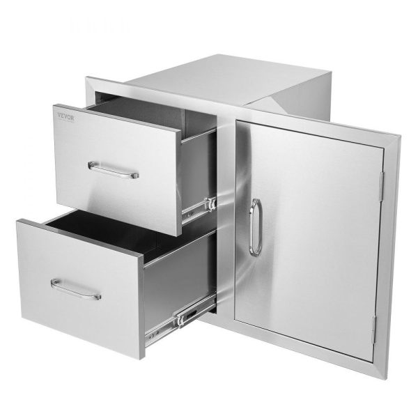 Restaurant Furniture | Outdoor Kitchen Door Drawer Combo 32.5″ W x 21.6″ H x 20.5”D, Access Door/Double Drawers with Paper Towel Rack, BBQ Island Drawers with Stainless Steel Handles for Outdoor Kitchen Restaurant & Food Service Restaurant Furniture