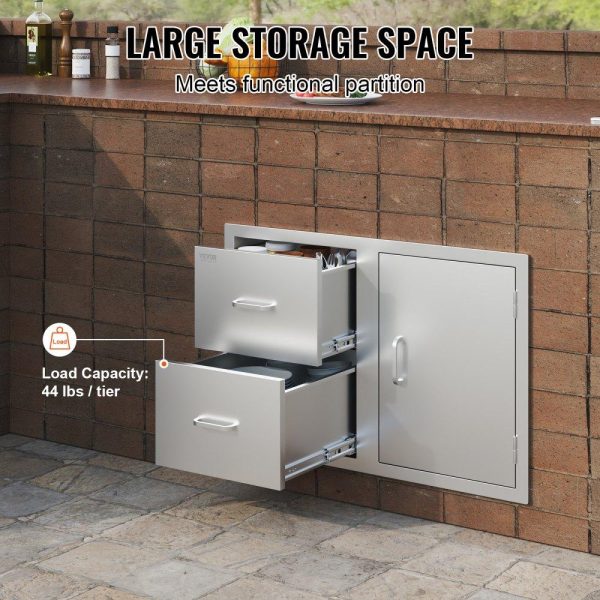 Restaurant Furniture | Outdoor Kitchen Door Drawer Combo 32.5″ W x 21.6″ H x 20.5”D, Access Door/Double Drawers with Paper Towel Rack, BBQ Island Drawers with Stainless Steel Handles for Outdoor Kitchen Restaurant & Food Service Restaurant Furniture