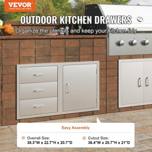 Restaurant Furniture | Outdoor Kitchen Door Drawer Combo 38.1”W x 22.6”H x 20.8”D, BBQ Access Door/Triple Drawers Combo with Stainless Steel Handles, Perfect for BBQ Island Patio Grill Station Restaurant & Food Service Restaurant Furniture