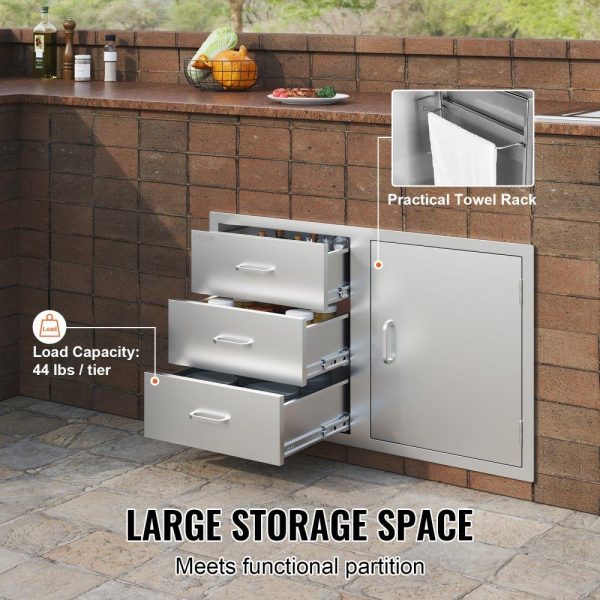 Restaurant Furniture | Outdoor Kitchen Door Drawer Combo 38.1”W x 22.6”H x 20.8”D, BBQ Access Door/Triple Drawers Combo with Stainless Steel Handles, Perfect for BBQ Island Patio Grill Station Restaurant & Food Service Restaurant Furniture