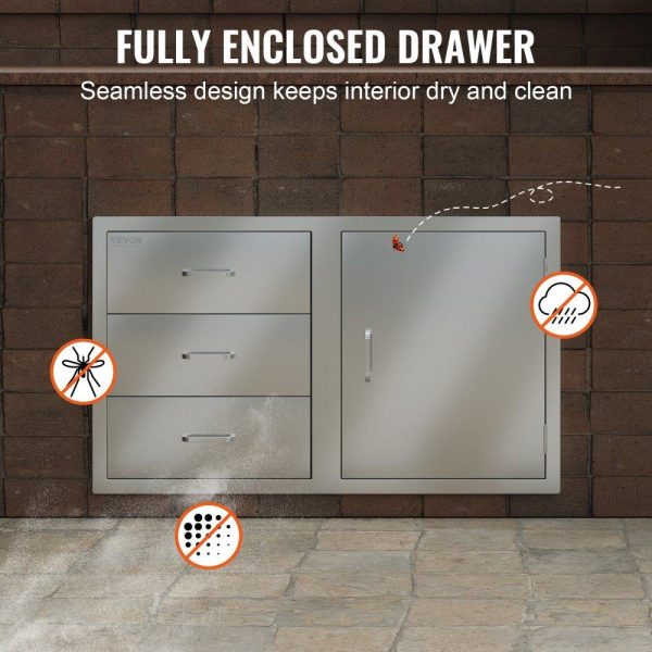 Restaurant Furniture | Outdoor Kitchen Door Drawer Combo 38.1”W x 22.6”H x 20.8”D, BBQ Access Door/Triple Drawers Combo with Stainless Steel Handles, Perfect for BBQ Island Patio Grill Station Restaurant & Food Service Restaurant Furniture