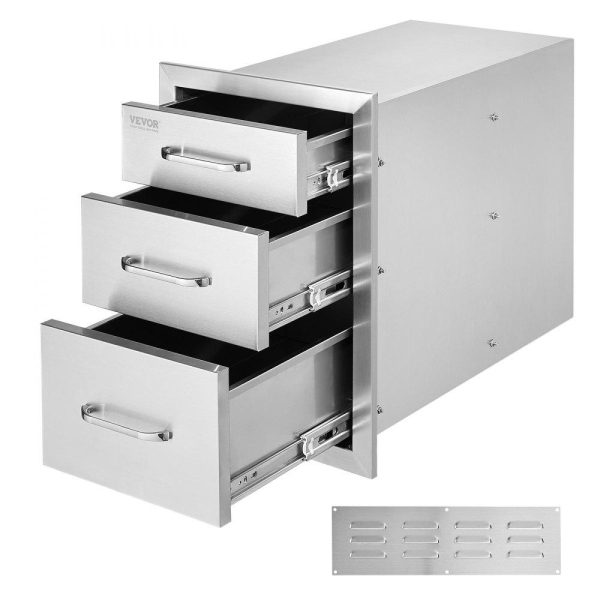 Restaurant Furniture | Outdoor Kitchen Drawers 14″ W x 20.3″ H x 23″ D, Flush Mount Triple Access BBQ Drawers Stainless Steel with Handle, BBQ Island Drawers for Outdoor Kitchens or Patio Grill Station Restaurant & Food Service Restaurant Furniture