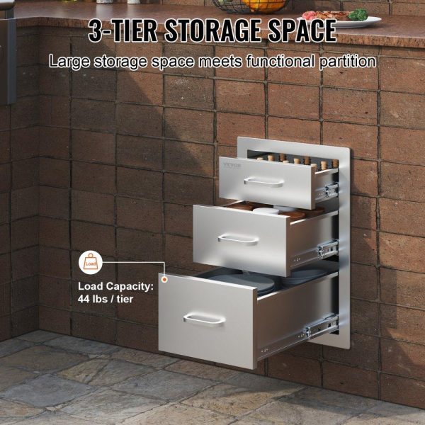 Restaurant Furniture | Outdoor Kitchen Drawers 14″ W x 20.3″ H x 23″ D, Flush Mount Triple Access BBQ Drawers Stainless Steel with Handle, BBQ Island Drawers for Outdoor Kitchens or Patio Grill Station Restaurant & Food Service Restaurant Furniture