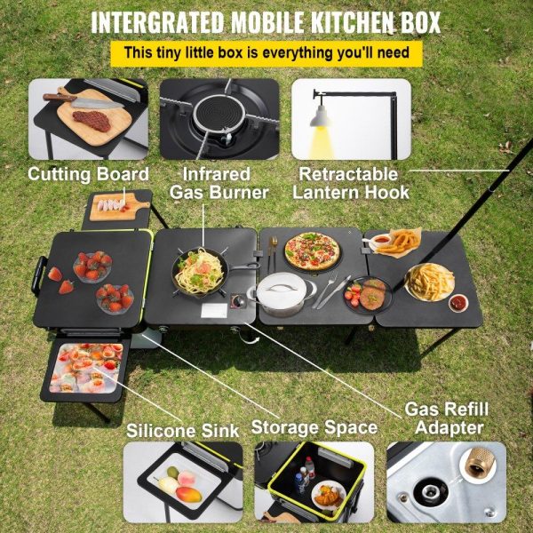 Restaurant Furniture | Outdoor Mobile Kitchen, Portable Multifunctional Camp Box with Wheels All in One Integrated Cooking Station with Windproof Stove, Folding Tables Storage Organizer, Black Restaurant & Food Service Restaurant Furniture