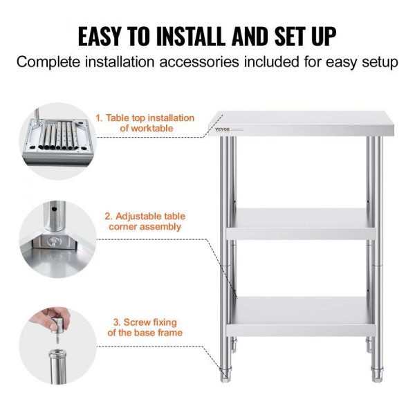 Restaurant Furniture | Stainless Steel Food Prep Table, 14 x 24 x 34 Inch Commercial Kitchen Worktable, with 2 Adjustable Undershelf, Heavy Duty Prep Table Metal Work Table for BBQ, Kitchen, Home, and Garage Restaurant & Food Service Restaurant Furniture