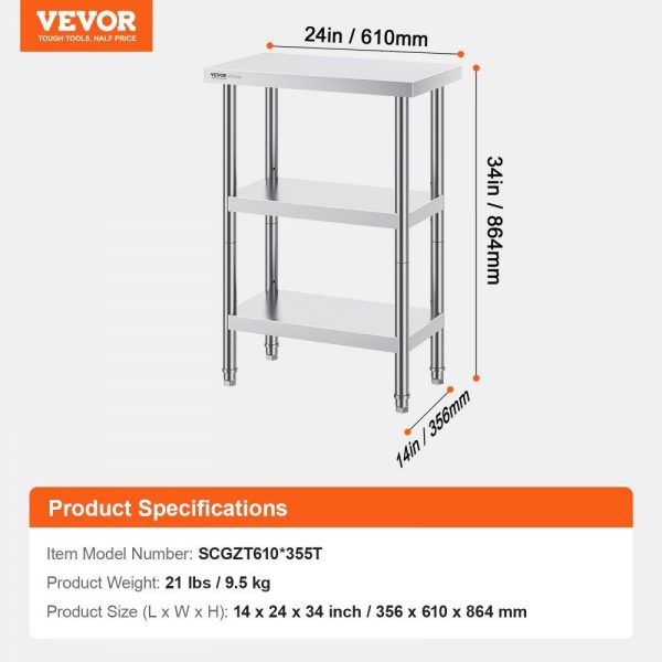 Restaurant Furniture | Stainless Steel Food Prep Table, 14 x 24 x 34 Inch Commercial Kitchen Worktable, with 2 Adjustable Undershelf, Heavy Duty Prep Table Metal Work Table for BBQ, Kitchen, Home, and Garage Restaurant & Food Service Restaurant Furniture