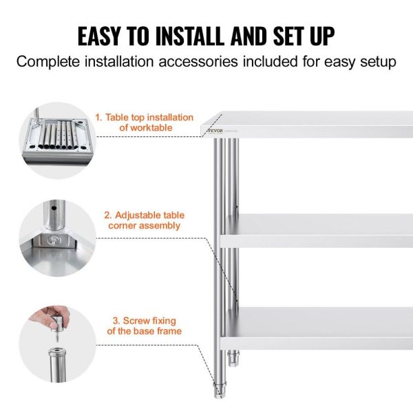 Restaurant Furniture | Stainless Steel Food Prep Table, 14 x 48 x 34 Inch Commercial Kitchen Worktable, with 2 Adjustable Undershelf, Heavy Duty Prep Table Metal Work Table for BBQ, Kitchen, Home, and Garage Restaurant & Food Service Restaurant Furniture