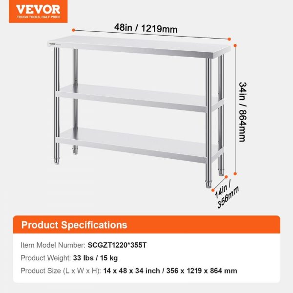 Restaurant Furniture | Stainless Steel Food Prep Table, 14 x 48 x 34 Inch Commercial Kitchen Worktable, with 2 Adjustable Undershelf, Heavy Duty Prep Table Metal Work Table for BBQ, Kitchen, Home, and Garage Restaurant & Food Service Restaurant Furniture