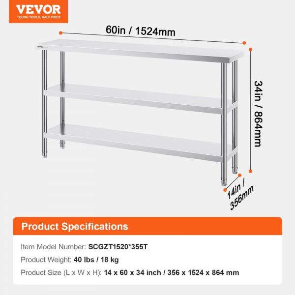 Restaurant Furniture | Stainless Steel Food Prep Table, 14 x 60 x 34 Inch Commercial Kitchen Worktable, with 2 Adjustable Undershelf, Heavy Duty Prep Table Metal Work Table for BBQ, Kitchen, Home, and Garage Restaurant & Food Service Restaurant Furniture