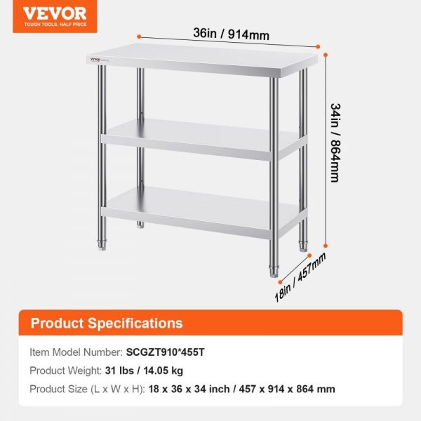 Restaurant Furniture | Stainless Steel Food Prep Table, 18 x 36 x 34 Inch Commercial Kitchen Worktable, with 2 Adjustable Undershelf, Heavy Duty Prep Table Metal Work Table for BBQ, Kitchen, Home, and Garage Restaurant & Food Service Restaurant Furniture