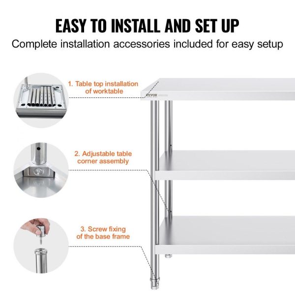 Restaurant Furniture | Stainless Steel Food Prep Table, 18 x 48 x 34 Inch Commercial Kitchen Worktable, with 2 Adjustable Undershelf, Heavy Duty Prep Table Metal Work Table for BBQ, Kitchen, Home, and Garage Restaurant & Food Service Restaurant Furniture