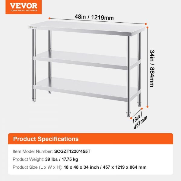 Restaurant Furniture | Stainless Steel Food Prep Table, 18 x 48 x 34 Inch Commercial Kitchen Worktable, with 2 Adjustable Undershelf, Heavy Duty Prep Table Metal Work Table for BBQ, Kitchen, Home, and Garage Restaurant & Food Service Restaurant Furniture