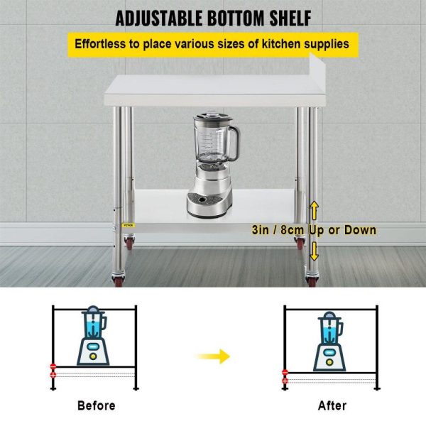 Restaurant Furniture | Stainless Steel Prep Table, 24 x 15 x 35 Inch, 440lbs Load Capacity Heavy Duty Metal Worktable with Backsplash Adjustable Undershelf & 4 Casters, Commercial Workstation for Kitchen Restaurant Restaurant & Food Service Restaurant Furniture