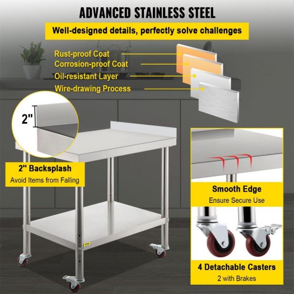 Restaurant Furniture | Stainless Steel Prep Table, 24 x 15 x 35 Inch, 440lbs Load Capacity Heavy Duty Metal Worktable with Backsplash Adjustable Undershelf & 4 Casters, Commercial Workstation for Kitchen Restaurant Restaurant & Food Service Restaurant Furniture