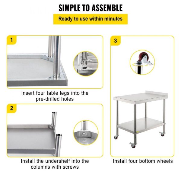 Restaurant Furniture | Stainless Steel Prep Table, 24 x 15 x 35 Inch, 440lbs Load Capacity Heavy Duty Metal Worktable with Backsplash Adjustable Undershelf & 4 Casters, Commercial Workstation for Kitchen Restaurant Restaurant & Food Service Restaurant Furniture