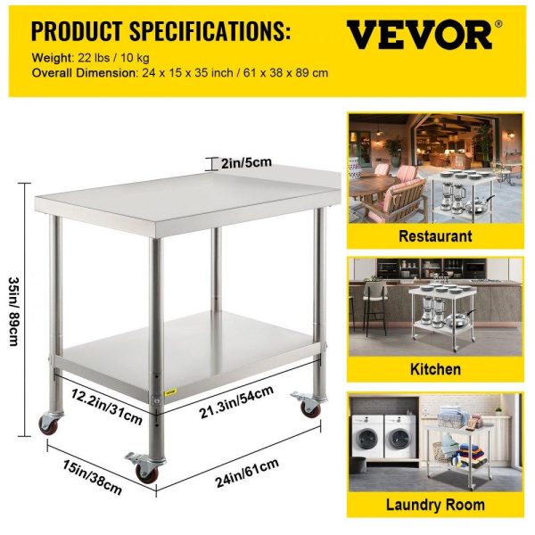 Restaurant Furniture | Stainless Steel Prep Table, 24 x 15 x 35 Inch, 440lbs Load Capacity Heavy Duty Metal Worktable with Backsplash Adjustable Undershelf & 4 Casters, Commercial Workstation for Kitchen Restaurant Restaurant & Food Service Restaurant Furniture