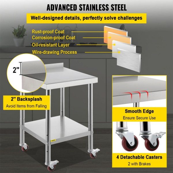 Restaurant Furniture | Stainless Steel Prep Table, 24 x 24 x 35 Inch, 440lbs Load Capacity Heavy Duty Metal Worktable with Backsplash Adjustable Undershelf & 4 Casters, Commercial Workstation for Kitchen Restaurant Restaurant & Food Service Restaurant Furniture