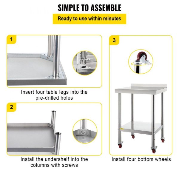 Restaurant Furniture | Stainless Steel Prep Table, 24 x 24 x 35 Inch, 440lbs Load Capacity Heavy Duty Metal Worktable with Backsplash Adjustable Undershelf & 4 Casters, Commercial Workstation for Kitchen Restaurant Restaurant & Food Service Restaurant Furniture