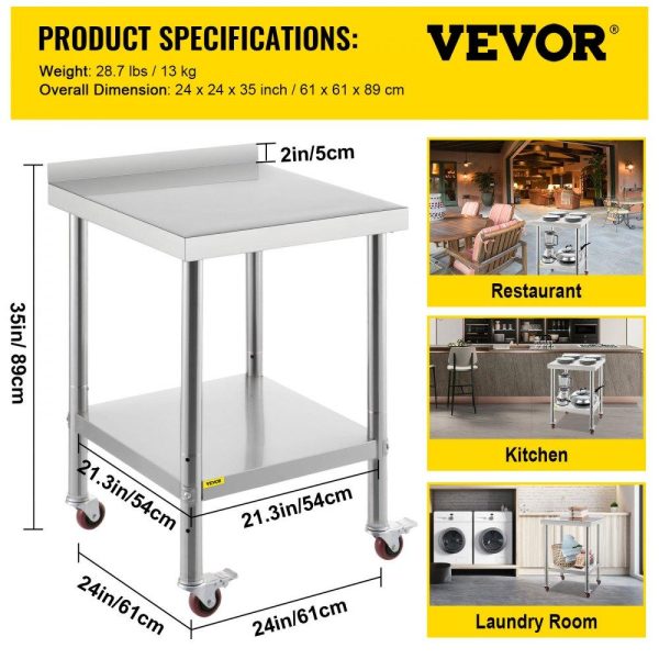 Restaurant Furniture | Stainless Steel Prep Table, 24 x 24 x 35 Inch, 440lbs Load Capacity Heavy Duty Metal Worktable with Backsplash Adjustable Undershelf & 4 Casters, Commercial Workstation for Kitchen Restaurant Restaurant & Food Service Restaurant Furniture