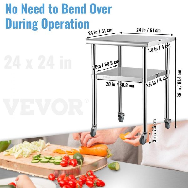 Restaurant Furniture | Stainless Steel Prep Table, 24 x 24 x 36 Inch, 600lbs Load Capacity Heavy Duty Metal Worktable with Adjustable Undershelf & Universal Wheels, Commercial Workstation for Kitchen Garage Backyard Restaurant & Food Service Restaurant Furniture