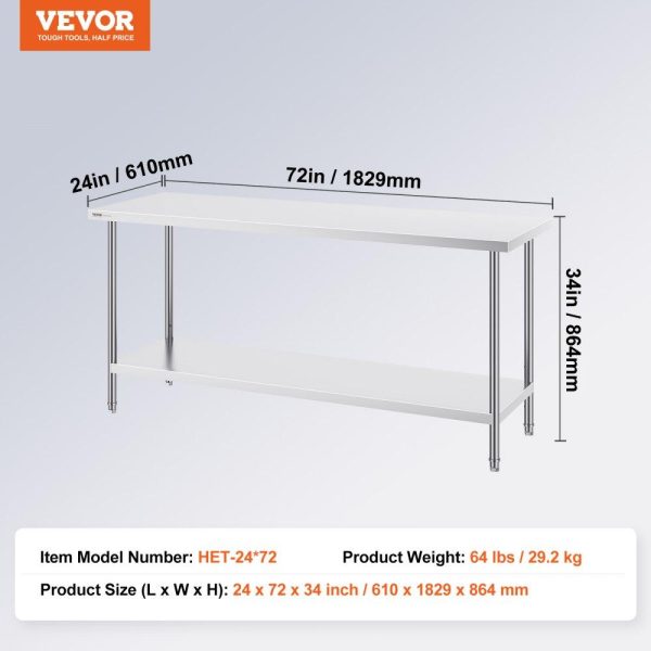 Restaurant Furniture | Stainless Steel Prep Table, 24 x 72 x 34 Inch, Heavy Duty Metal Worktable with 3 Adjustable Height Levels, Commercial Workstation for Kitchen Garage Restaurant Backyard Restaurant & Food Service Restaurant Furniture