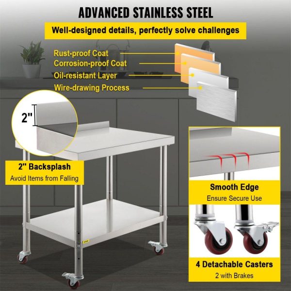 Restaurant Furniture | Stainless Steel Prep Table, 30 x 24 x 35 Inch, 440lbs Load Capacity Heavy Duty Metal Worktable with Backsplash Adjustable Undershelf & 4 Casters, Commercial Workstation for Kitchen Restaurant Restaurant & Food Service Restaurant Furniture